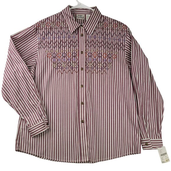 Koret City Blues Embroidered Button-Up Shirt Striped Claret M Shoulder Pads - Picture 1 of 8